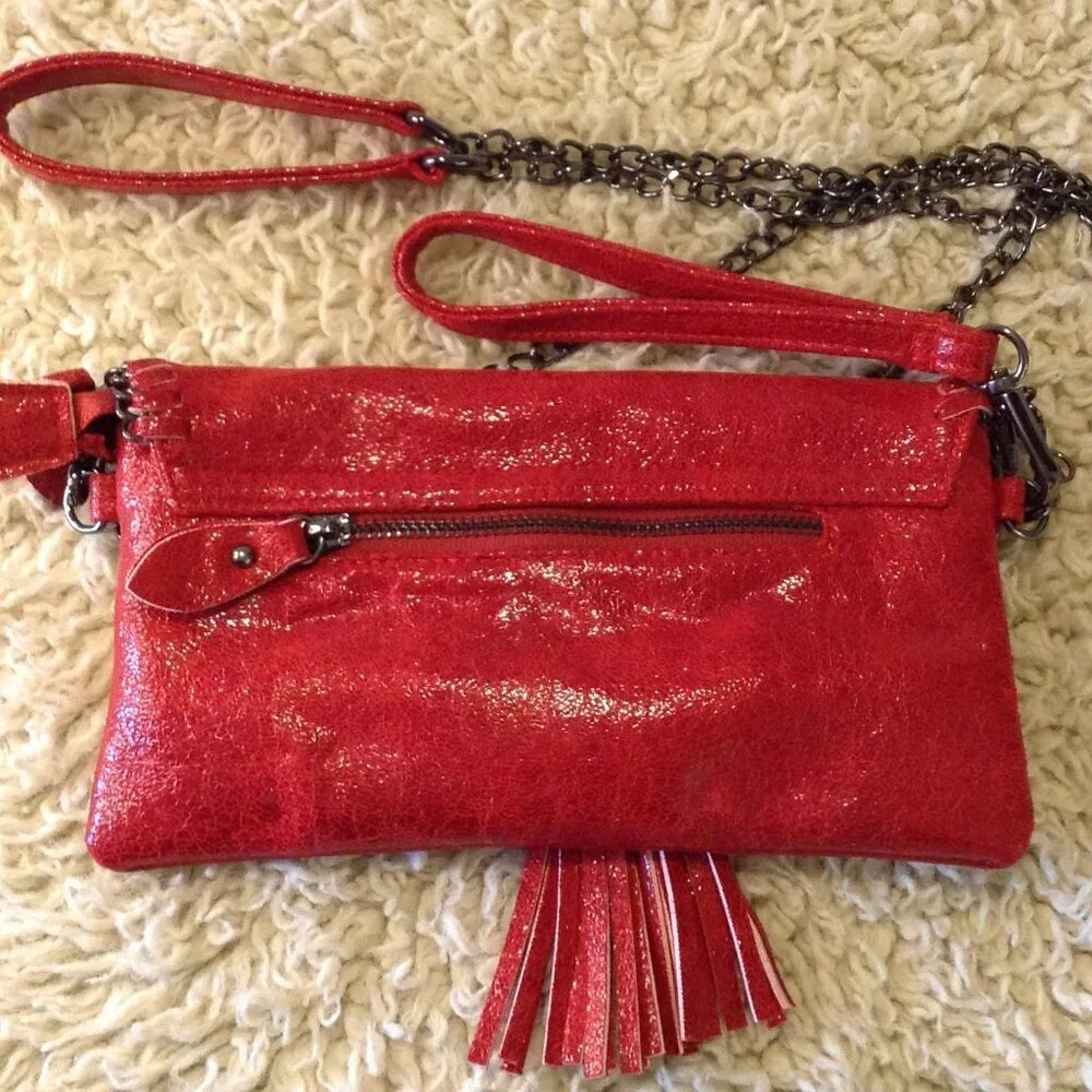Sondra Roberts Square Red Bling Faux Suede Tassel Wristlet/Crossbody Chic Style